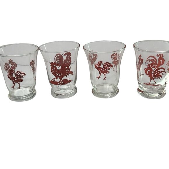 Vintage Red Rooster Juice Glasses Set 4 Farmhouse Diffferent Designs 3" Libbey? - Picture 2 of 9